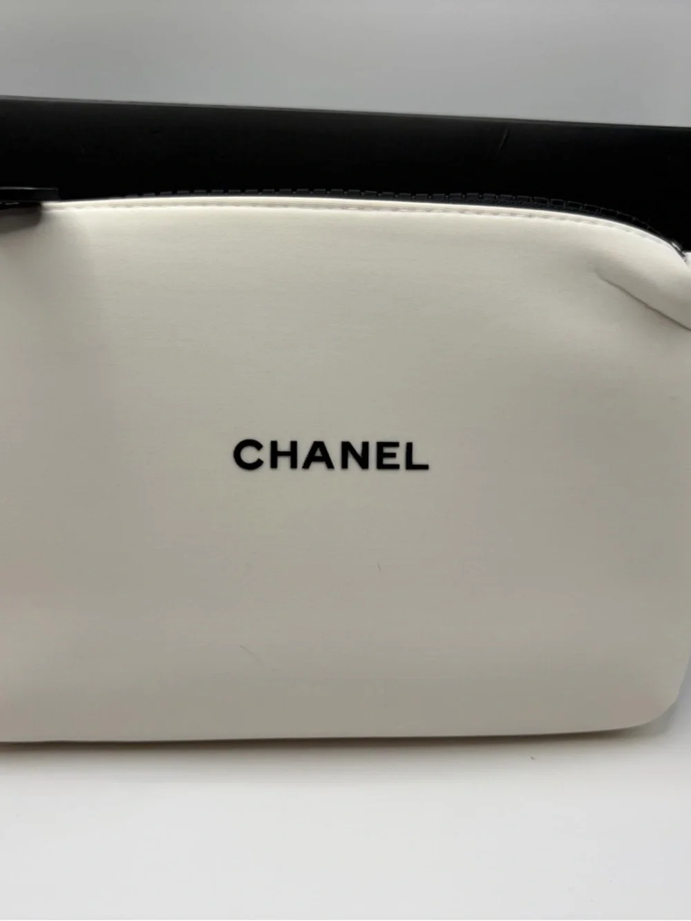 Designer Inspired Elegant White Cosmetic Pouch With Black Logo